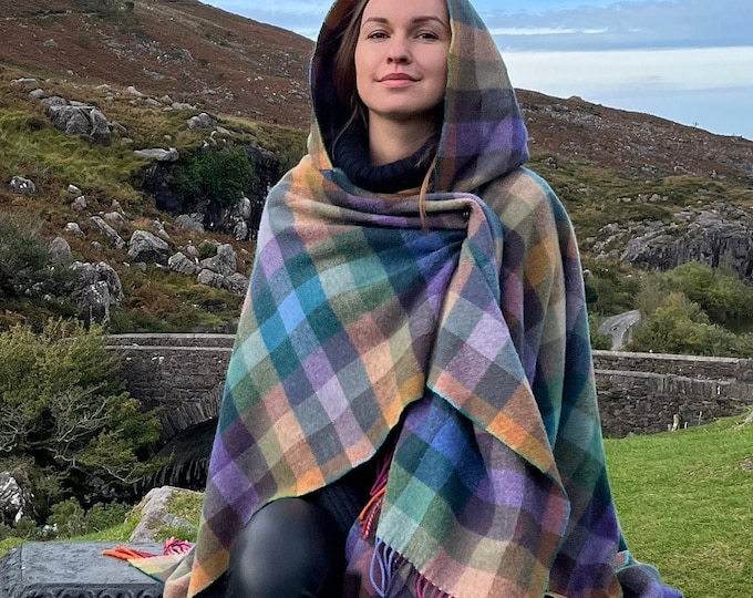 Hooded Supersoft Lambswool Cape, Ruana, Wrap , Shawl - 100% Pure New Wool - Multicolour  Check - One Size Fits All - HANDMADE IN IRELAND