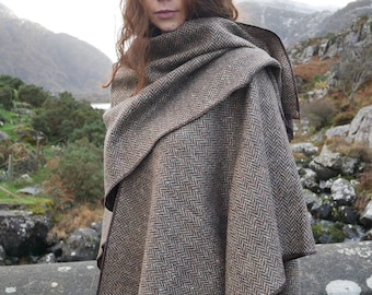 Irish Donegal Tweed Ruana, Wrap, Cape,  - Brown/Beige Herringbone With Multi-colour Fleck/Speckled -100% Pure New Wool - Handmade in Ireland