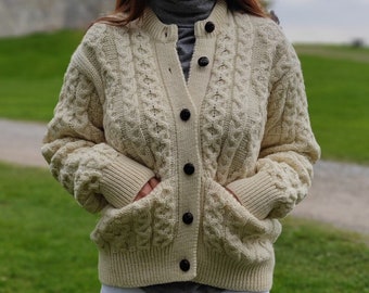 Aran Wool Cardigan Lumber Jacket - Cream / Off White - Buttoned Cardigan - 100% Pure New Irish Wool - Warm & Chunky - HANDMADE IN IRELAND