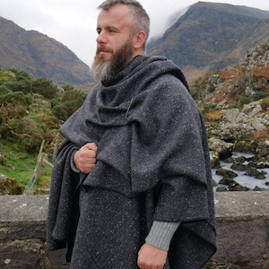 Irish Donegal Tweed Wool Ruana, Cape, Wrap, Cloak Charcoal/ Grey Salt & Pepper Herringbone Heavy Tweed Unisex HANDMADE IN IRELAND image 1