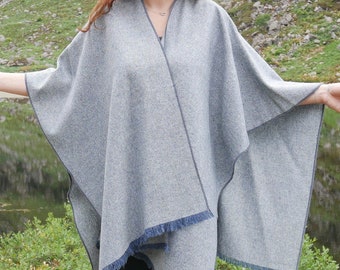 Irish Donegal tweed wool ruana, wrap , arisaid - grey/blue herringbone - 100% Pure New Irish Wool -  HANDMADE IN IRELAND