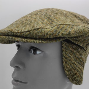 Traditional Irish Tweed Flat Cap With Foldable Ear Flaps - Green Tartan - Plaid - Check - 100% Pure New Wool - Padded - HANDMADE IN IRELAND
