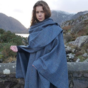 Irish Donegal Tweed Wool Ruana, Wrap, Cape, Cloak - Grey & Denim Herringbone With Overcheck - 100% Pure New Wool - HANDMADE IN IRELAND