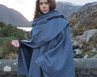 Irish Donegal Tweed Wool Ruana, Wrap, Cape, Cloak - Grey & Denim Herringbone With Overcheck - 100% Pure New Wool - HANDMADE IN IRELAND