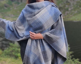 Irish Pure Lambswool Cape, Ruana, Wrap , Shawl - 100% Pure New Wool - grey/blue check - supersoft - one size fits all - HANDMADE IN IRELAND