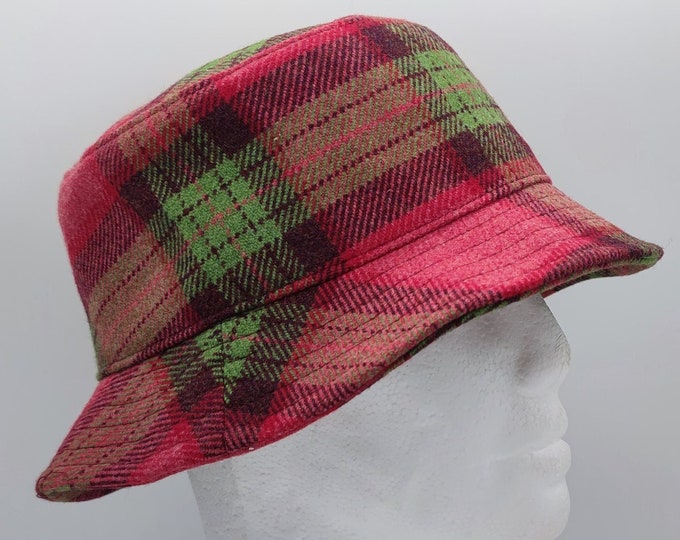 Ladies Irish Tweed Bucket Hat - Round Hat - Red Pink/Green Tartan/ Plaid/ Check - Lined -  2 Sizes Available - HAMDMADE IN IRELAND