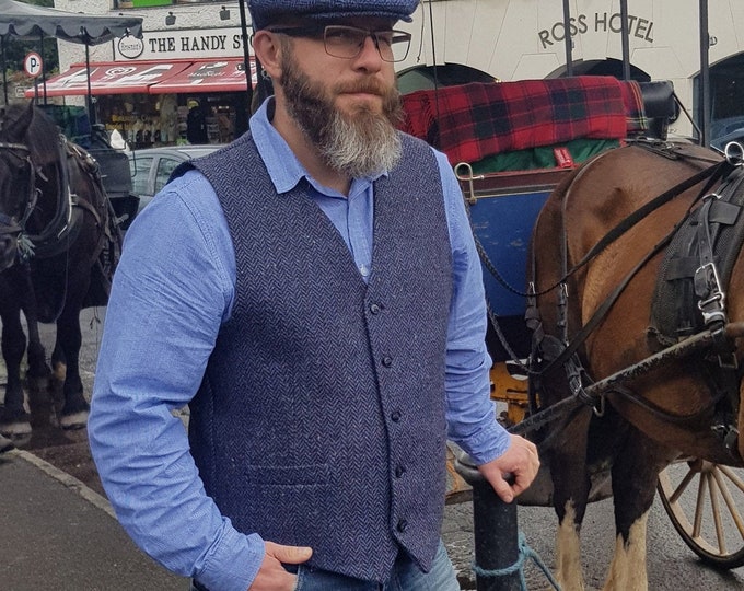 Irish tweed waistcoat - Peaky Blinders vest - speckled navy&blue herringbone - 100% wool - lined- ready for shipping - HANDMADE IN IRELAND