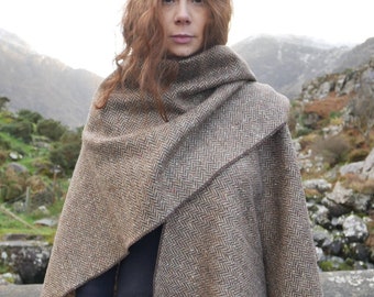 Irish Donegal Tweed Ruana, Wrap, Cape,  - Brown/Beige Herringbone With Multi-colour Fleck/Speckled -100% Pure New Wool - Handmade in Ireland