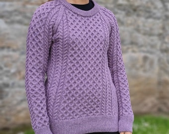 Ladies Irish Aran Merino Wool  Sweater  / Jumper - 100% Pure Merino Wool - Lavender Marl  / Very Peri - Warm & Chunky - HANDMADE IN IRELAND