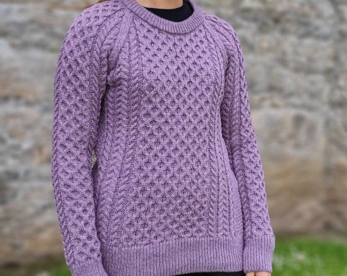 Ladies Irish Aran Merino Wool  Sweater  / Jumper - 100% Pure Merino Wool - Lavender Marl  / Very Peri - Warm & Chunky - HANDMADE IN IRELAND