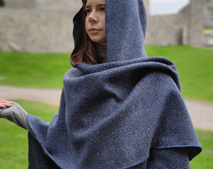 Irish Donegal Tweed Wool Hooded Ruana, Cape, Rectangle Cloak - Speckled Navy / Blue Herringbone - Heavy Tweed - Unisex - HANDMADE IN IRELAND