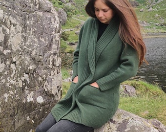 Rib Edge Knitted Long Ladies Jacket with Pockets - 100% Pure New Soft Lambswool -  Moss Green - really warm & chunky - HANDMADE IN IRELAND