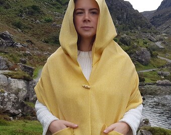 Irish Tweed Shawl, Oversized Scarf, Stole - Yellow / White Chevron - 100% Pure New Wool - Hand Fringed  - HANDMADE IN IRELAND