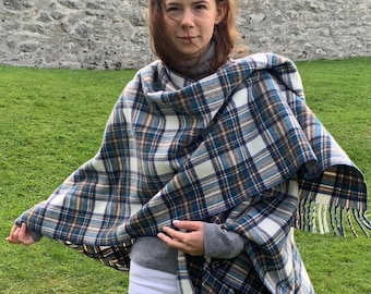 Irish Lambswool/Merino Cape, Ruana, Wrap, Shawl - 100% Pure New Wool - Blue Stewart Tartan Plaid - supersoft - one size- HANDMADE IN IRELAND