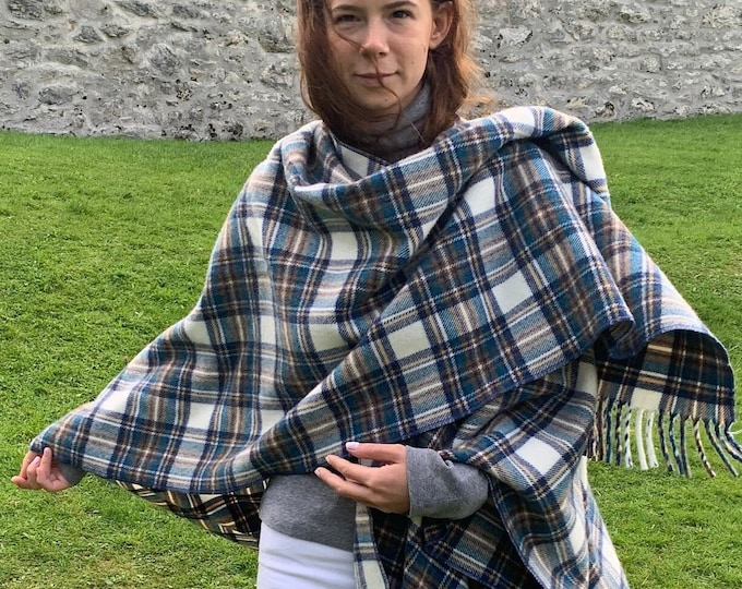 Irish Lambswool/Merino Cape, Ruana, Wrap, Shawl - 100% Pure New Wool - Blue Stewart Tartan Plaid - supersoft - one size- HANDMADE IN IRELAND