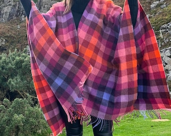 Elegant Pure Lambswool Cape - Handmade in Ireland - Pink Peony Viola Orange Check