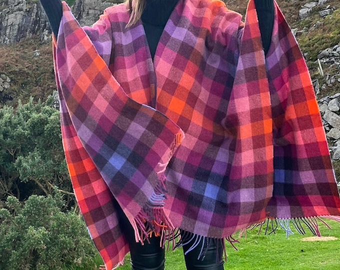 Elegant Pure Lambswool Cape - Handmade in Ireland - Pink Peony Viola Orange Check