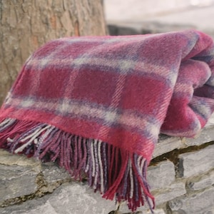 Large Irish Picnic Wool Blanket / Throw - 54" x 72" (137 x 182cm) - 100% Pure New Wool - Berry Red Grey Windowpane Check - MADE IN IRELAND