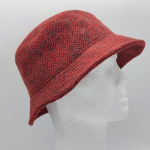 Ladies Irish Tweed Bucket Hat - Round Hat - Red/Black Herringbone With Fleck/Speckled - Lined -  2 Sizes Available - HAMDMADE IN IRELAND