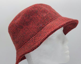 Ladies Irish Tweed Bucket Hat - Round Hat - Red/Black Herringbone With Fleck/Speckled - Lined -  2 Sizes Available - HAMDMADE IN IRELAND