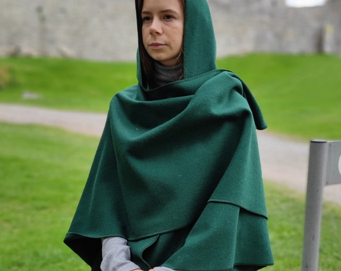 Irish Woven Wool Cape, Ruana, Wrap, Rectangle Cloak - 100% Pure New Wool - Emerald / Bottle Green - HANDMADE IN IRELAND