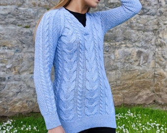 Ladies Irish Aran Cashmere / Merino Wool Long Sweater - Sky Marl Blue - V neck - Super Soft, Warm & Chunky - HANDMADE IN IRELAND