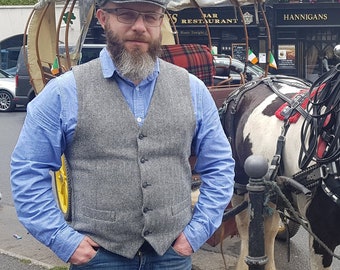 Irish Tweed Waistcoat - Black & White Herringbone - Peaky Blinders Style Vest - 100% Pure New Wool - Lined - HANDMADE IN IRELAND