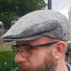 Traditional Irish Tweed Flat Cap - Paddy Cap - Newsboy Cap - Black & White Herringbone - 100% Pure New Wool - Padded - HANDMADE IN IRELAND