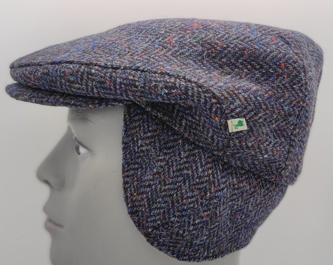 Traditional Irish Donegal Tweed Flat Cap With Foldable Ear Flaps - Dark Denim Fleck Herringbone / Speckled - 100% Wool - HANDMADE IN IRELAND