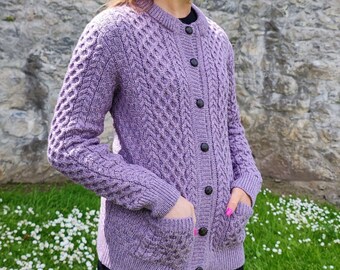 Irish Aran Merino Wool Cardigan Lumber Jacket -Lavender Marl /Very Peri Purple - 100% Pure Merino Wool - Warm & Chunky - HANDMADE IN IRELAND