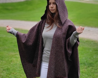 Irish Donegal Tweed Wool Hooded Ruana, Cape, Rectangle Cloak - Traditional Burgundy Fleck - Heavy Tweed - Unisex - HANDMADE IN IRELAND