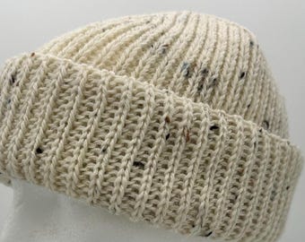 Handloomed Pure New Wool Beanie - Unisex, Cream with Fleck, Donegal Yarn