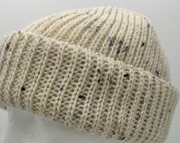 Handloomed Pure New Wool Beanie - Unisex, Cream with Fleck, Donegal Yarn