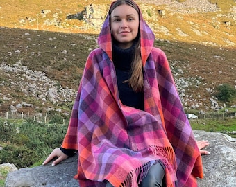 Hooded Irish Pure Lambswool Cape, Ruana, Wrap , Shawl - 100% Pure New Wool - Pink Peony Viola Orange Check - Supersoft -HANDMADE IN IRELAND