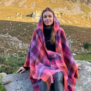 Hooded Irish Pure Lambswool Cape, Ruana, Wrap , Shawl - 100% Pure New Wool - Pink Peony Viola Orange Check - Supersoft -HANDMADE IN IRELAND