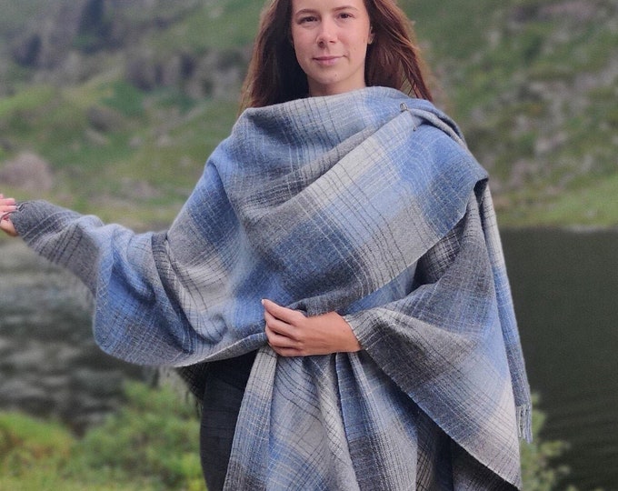 Irish Pure Lambswool Cape, Ruana, Wrap , Shawl - 100% Pure New Wool - grey/blue check - supersoft - one size fits all - HANDMADE IN IRELAND