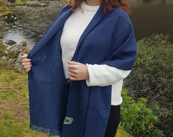 Irish Tweed Shawl, Oversized Scarf, Stole - Blue/Navy Plaid, Tartan, Check - 100% Pure New Wool - Hand Fringed - HANDMADE IN IRELAND