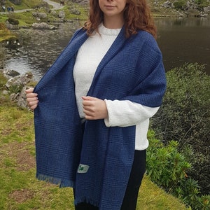 Irish Tweed Shawl, Oversized Scarf, Stole - Blue/Navy Plaid, Tartan, Check - 100% Pure New Wool - Hand Fringed - HANDMADE IN IRELAND