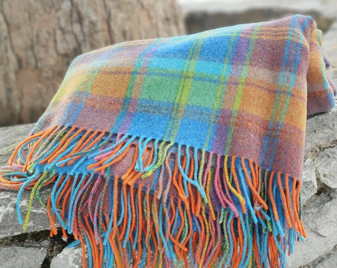 Supersoft Irish Lambswool Blanket/Throw - Blue Orange Green Plaid Check  - 137x180 cm (54x71'') - 100% Pure New Lambswool - MADE IN IRELAND