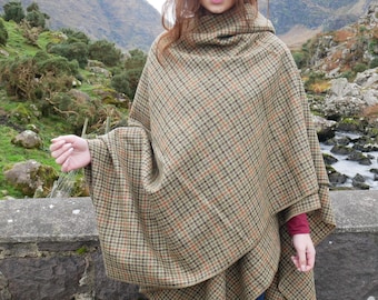 Irish Donegal Tweed Wool Cape, Ruana, Rectangle Cloak  - Beige/Green/Navy/Red/Brown Houndstooth - 100% Pure New Wool - HANDMADE IN IRELAND