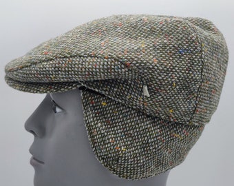 Donegal Irish Tweed Flat Cap with Foldable Earflaps - Green/Grey  Fleck / Speckled  - 100% Pure New Wool - Padded - HANDMADE IN IRELAND