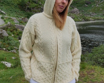 Hooded Aran Zipper Cardigan - Cream  - 100% Pure New Wool - Chunky & Heavy - MADE IN IRELAND