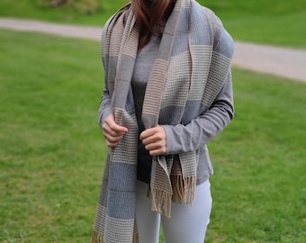 Soft Irish Lambswool Shawl, Cream Taupe & Denim Blue Check, Oversized Wool Scarf with Pin, Handmade in Ireland