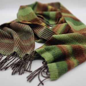 Irish Soft Lambswool Scarf - 100% Pure New Wool - Reversible - Brown/Green/Bronze  - Striped - 10" X 78" (25cmX200cm) - HANDMADE IN IRELAND