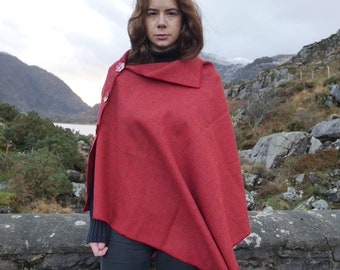 Versatile 3in1-Irish tweed poncho, cape & shawl - red - 100% wool - ready for shipping - Handmade in Ireland