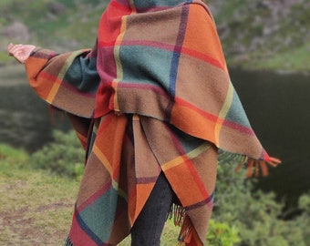 Irish Pure Lambswool Cape, Ruana, Wrap , Shawl - 100% Pure New Wool - multicolour block check - supersoft  - HANDMADE IN IRELAND