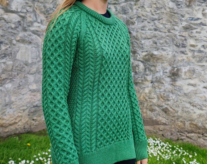 Ladies Irish Aran Merino Wool  Sweater  / Jumper - 100% Pure Merino Wool - Kiwi / Grass Green - Warm & Chunky - HANDMADE IN IRELAND