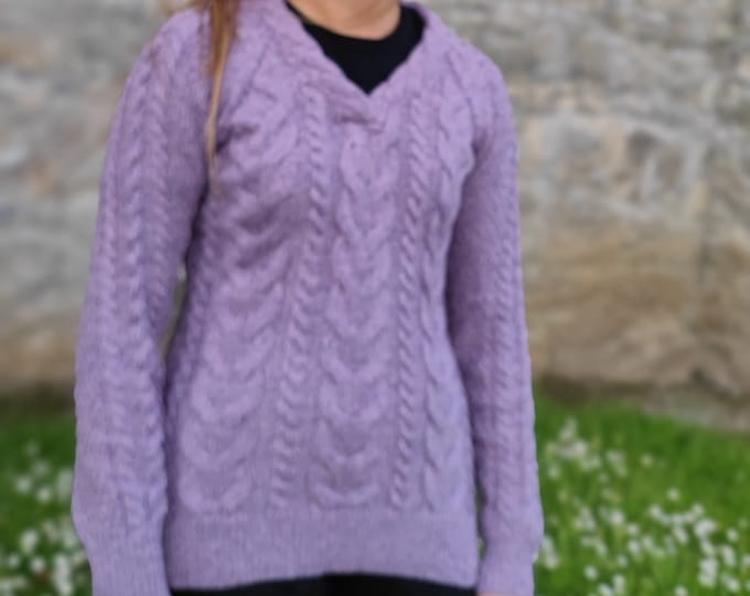 Ladies Irish Aran Cashmere / Merino Wool Long Sweater - Lavender / Very Peri Purple -V neck- Super Soft, Warm & Chunky - HANDMADE IN IRELAND
