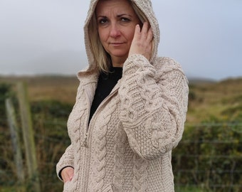 Irish Aran Long Hooded Cardigan With Pockets - Cream/Oatmeal -Pure Merino Wool -100% Wool -2 Way Zipper -Really Warm&Chunky- MADE IN IRELAND