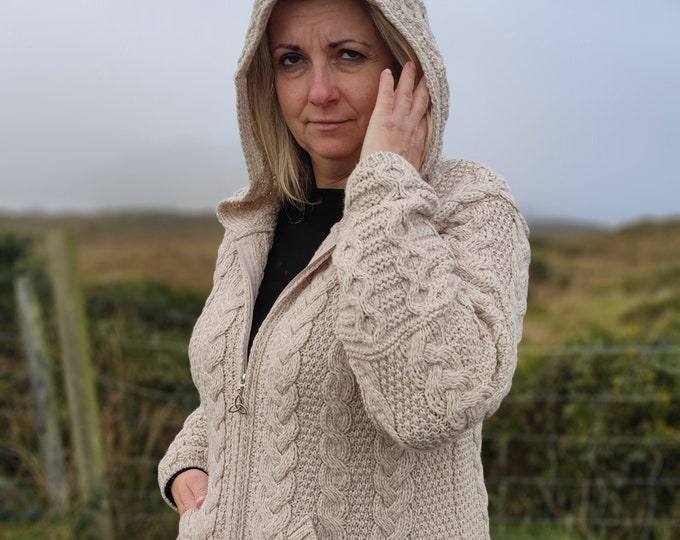 Irish Aran Long Hooded Cardigan With Pockets - Cream/Oatmeal -Pure Merino Wool -100% Wool -2 Way Zipper -Really Warm&Chunky- MADE IN IRELAND